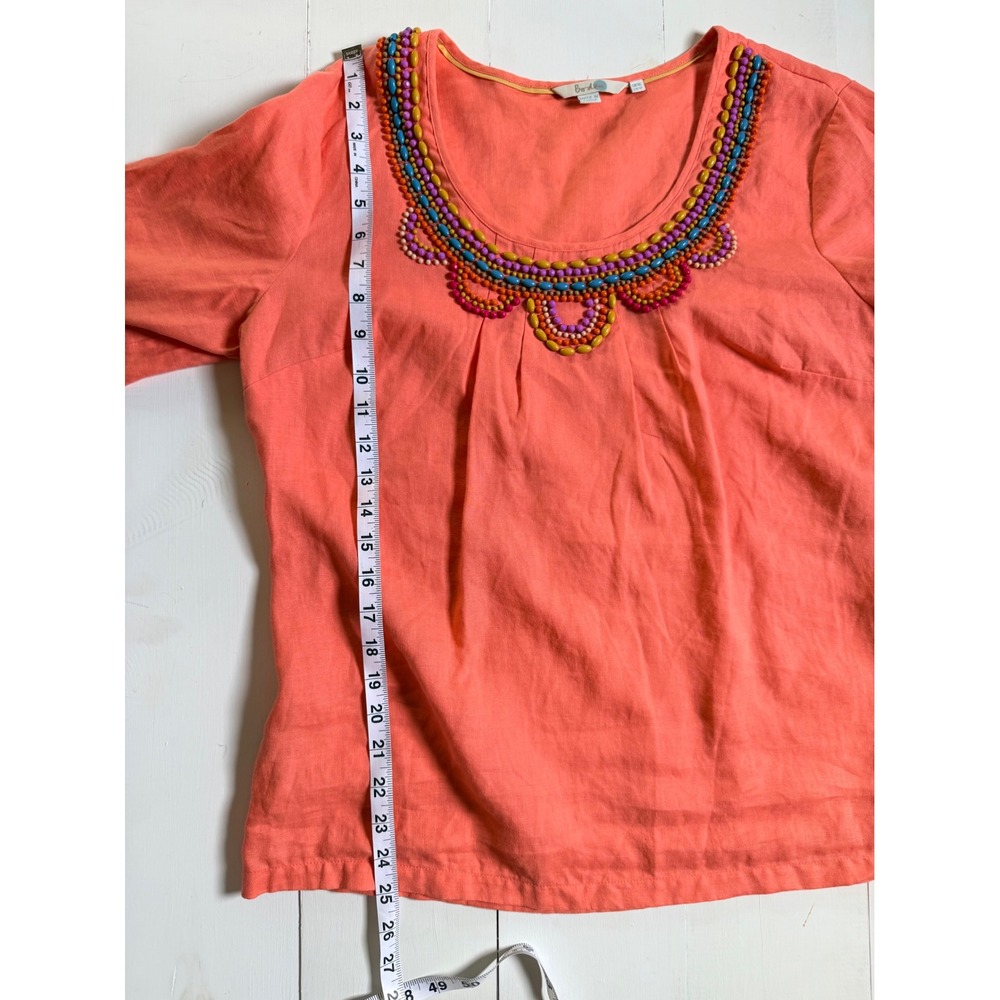 Boden Vibrant Orange Intricate Linen Beaded Neckline Blouse 3/4 Boho Top - Picture 8 of 12